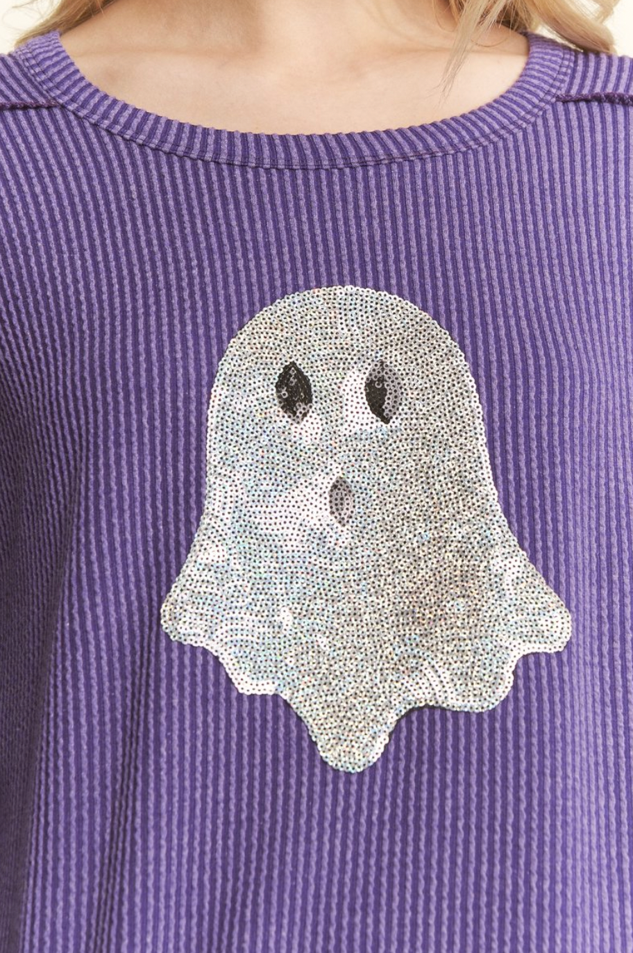 Sequin Ghost Ribbed Long Sleeve Top