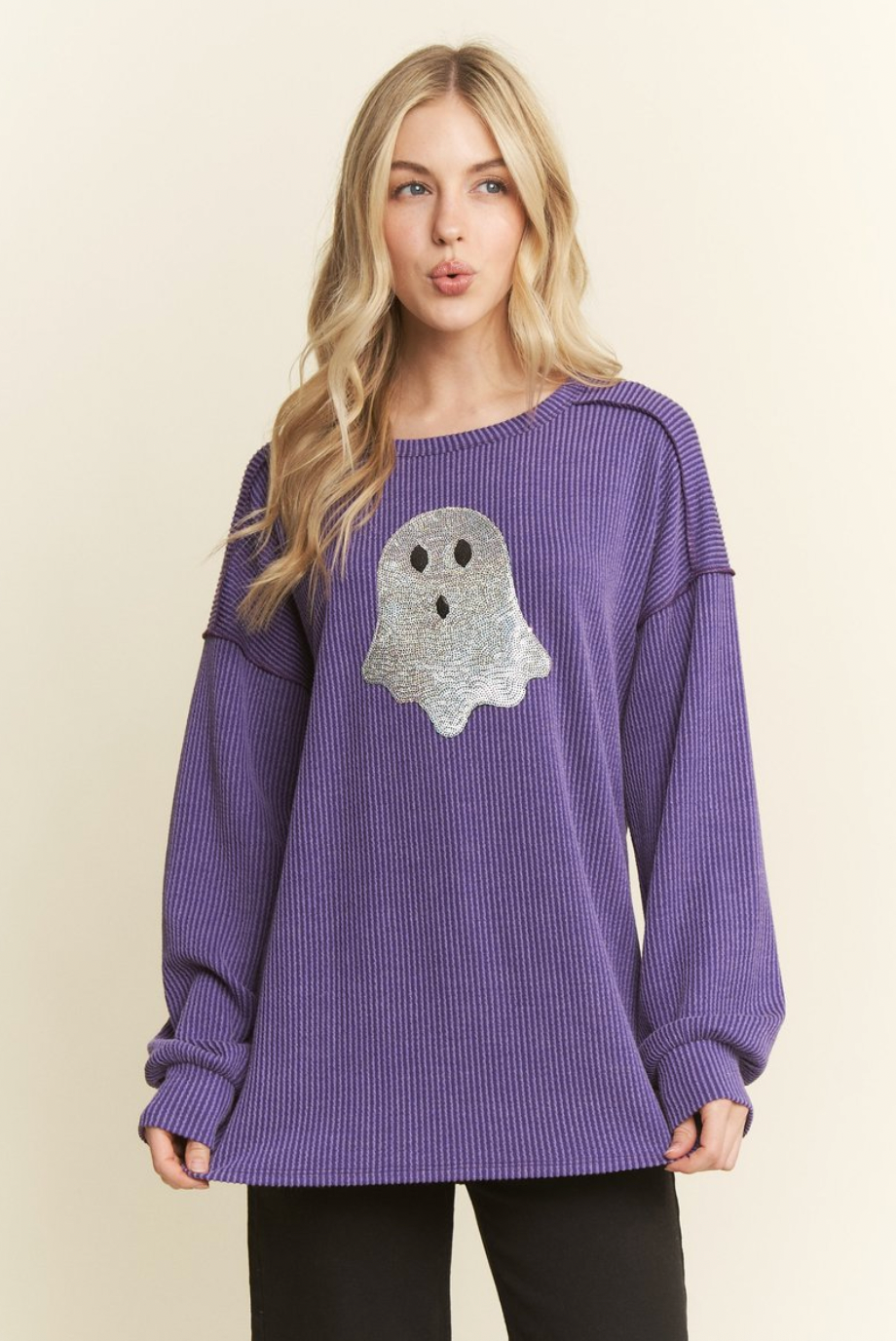 Sequin Ghost Ribbed Long Sleeve Top