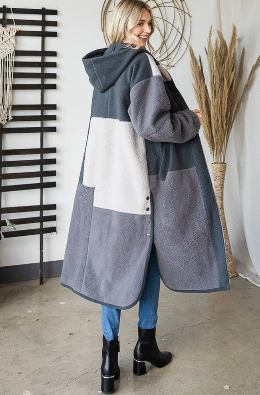 Hooded Colorblocked Fleece Long Coat