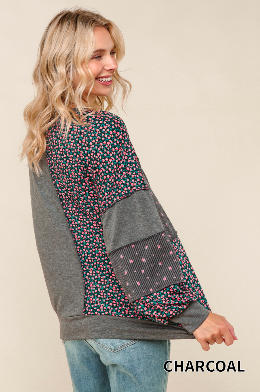 Charcoal Ditsy Print Colorblocked Top