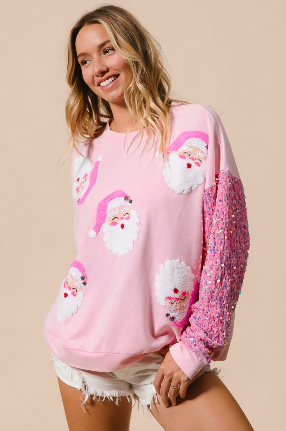 Santa Face Top w/ Sequin Sleeves