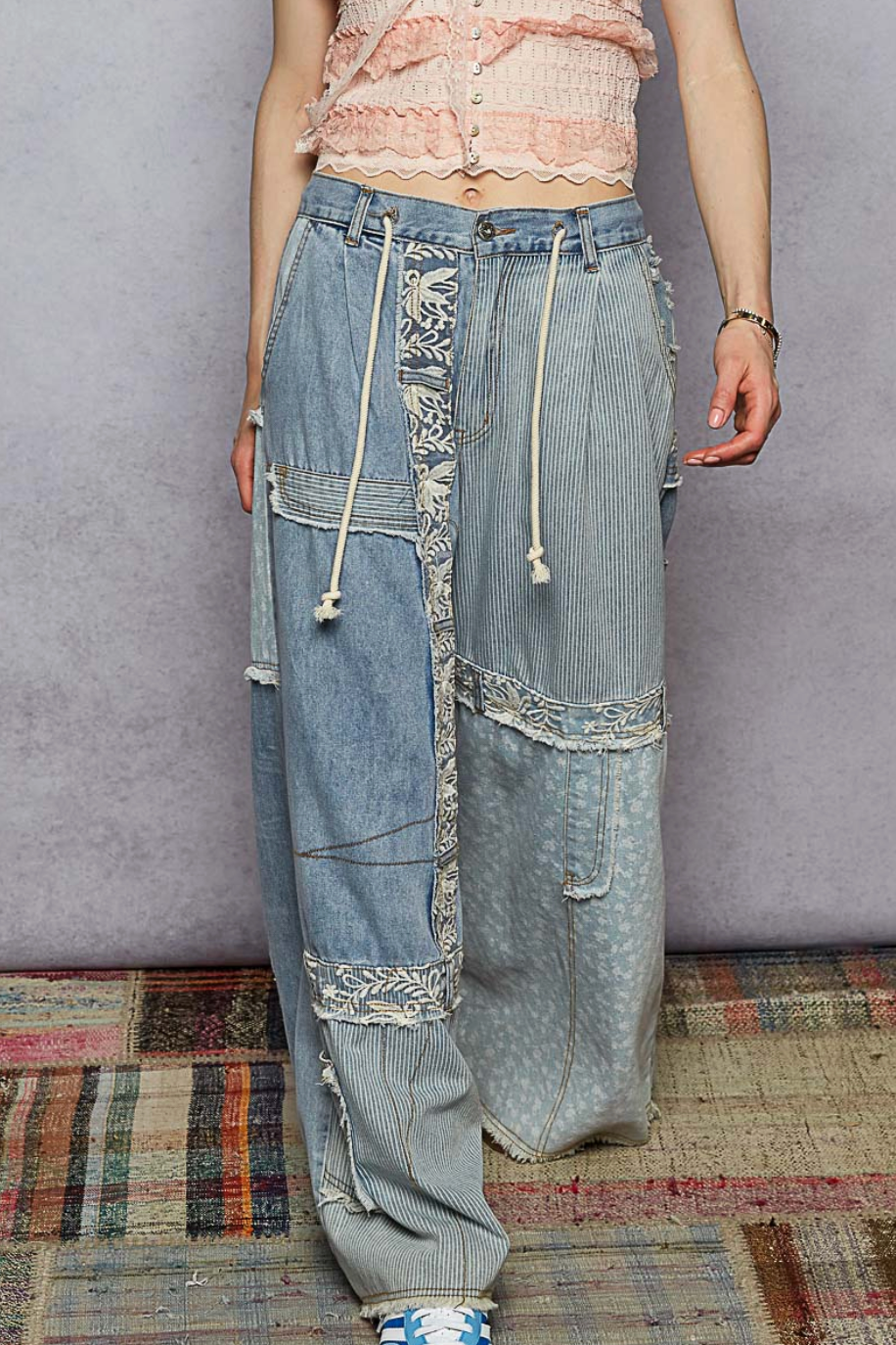 Lace Overlay Denim Patchwork Jeans