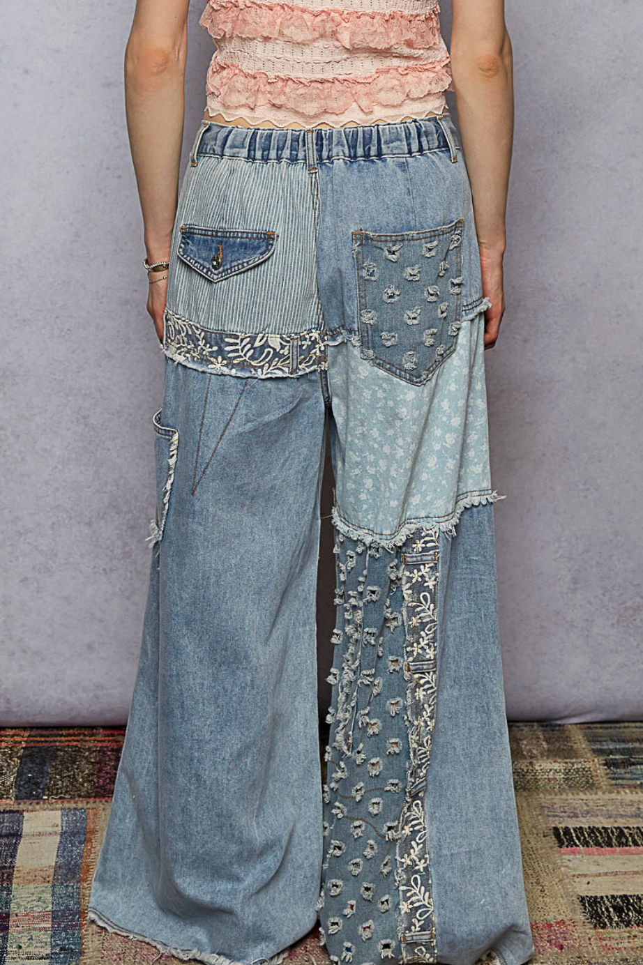 Lace Overlay Denim Patchwork Jeans