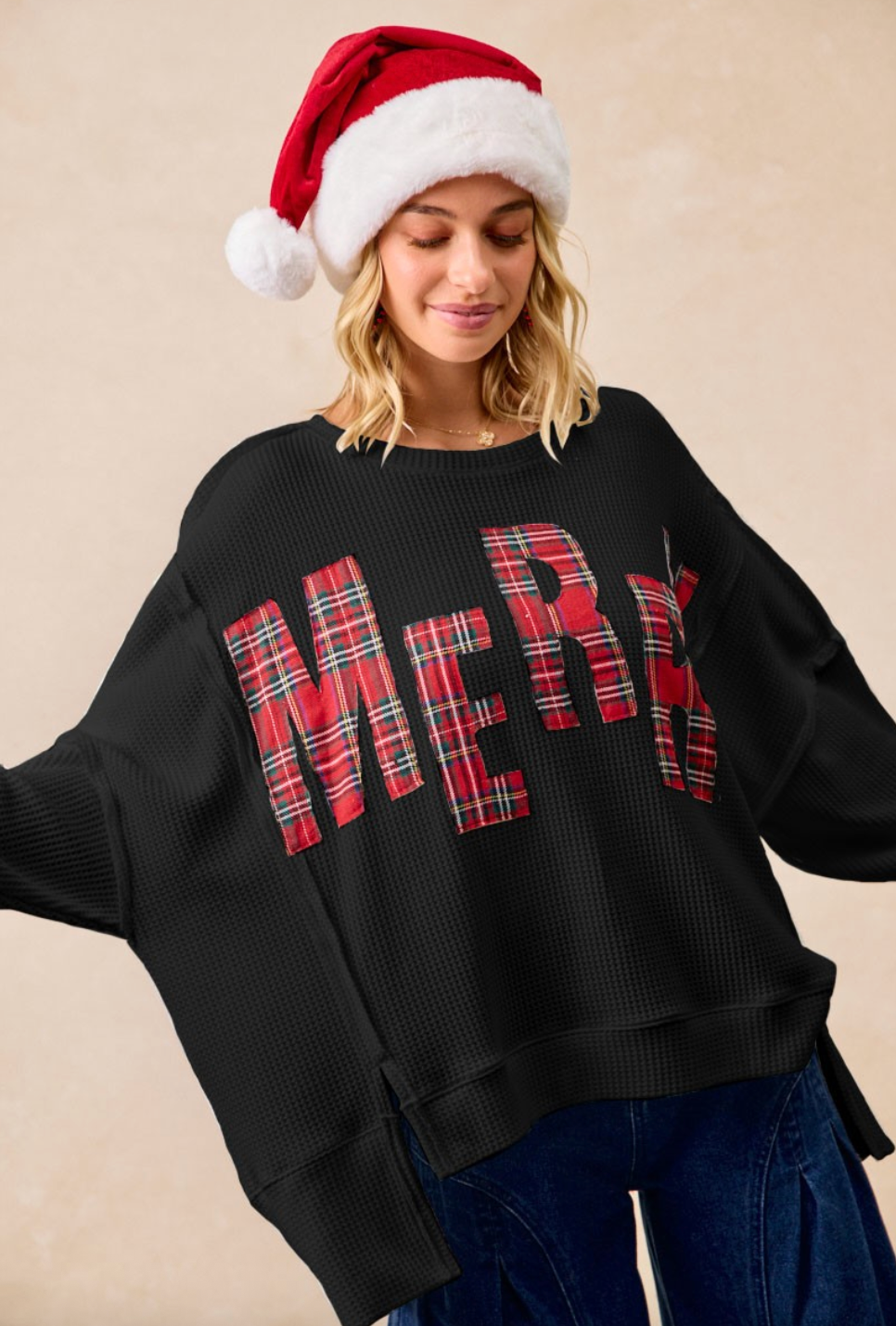 Merry Plaid Oversized Thermal Sweatshirt