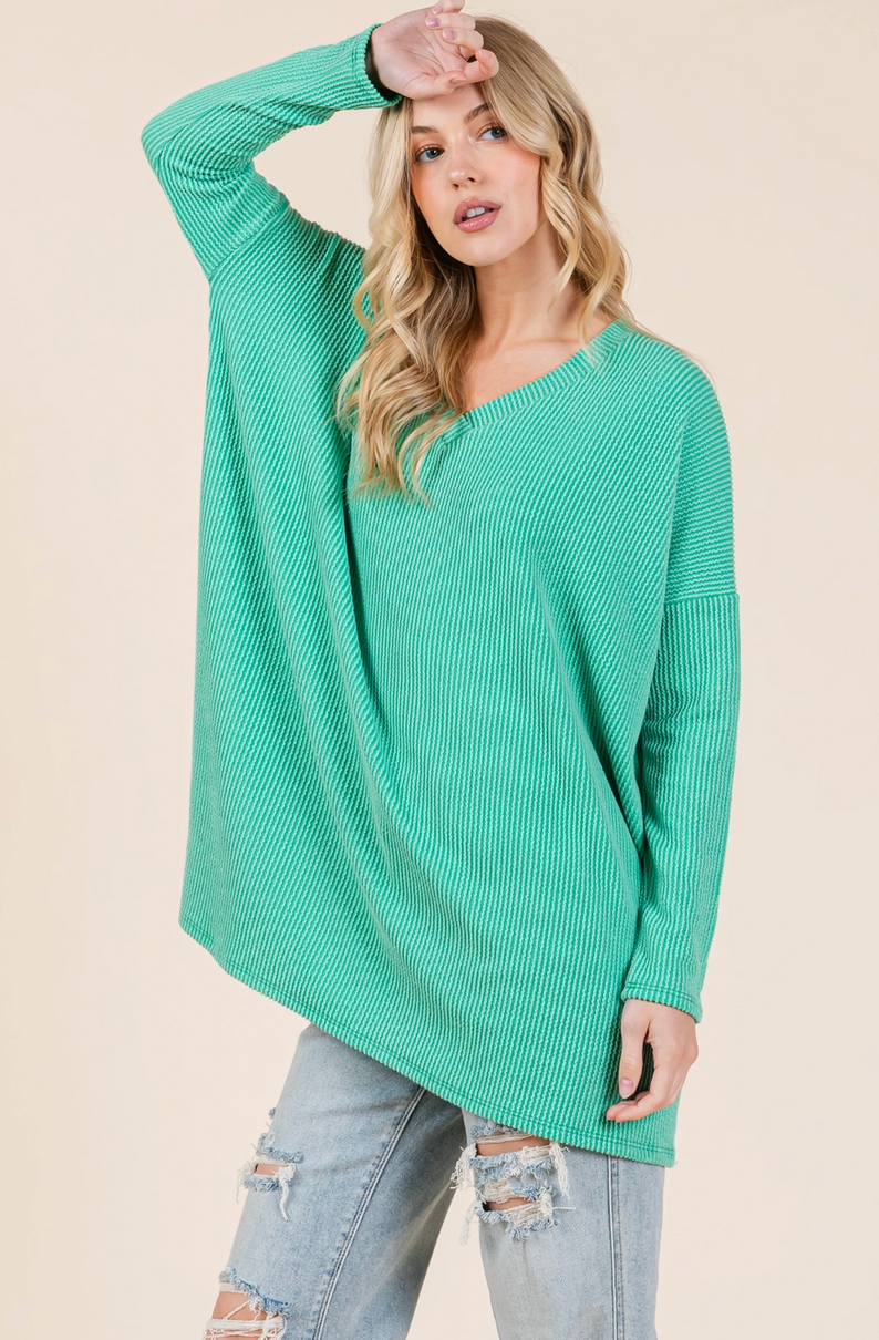 Oversized Ribbed Long Sleeve V Neck Top