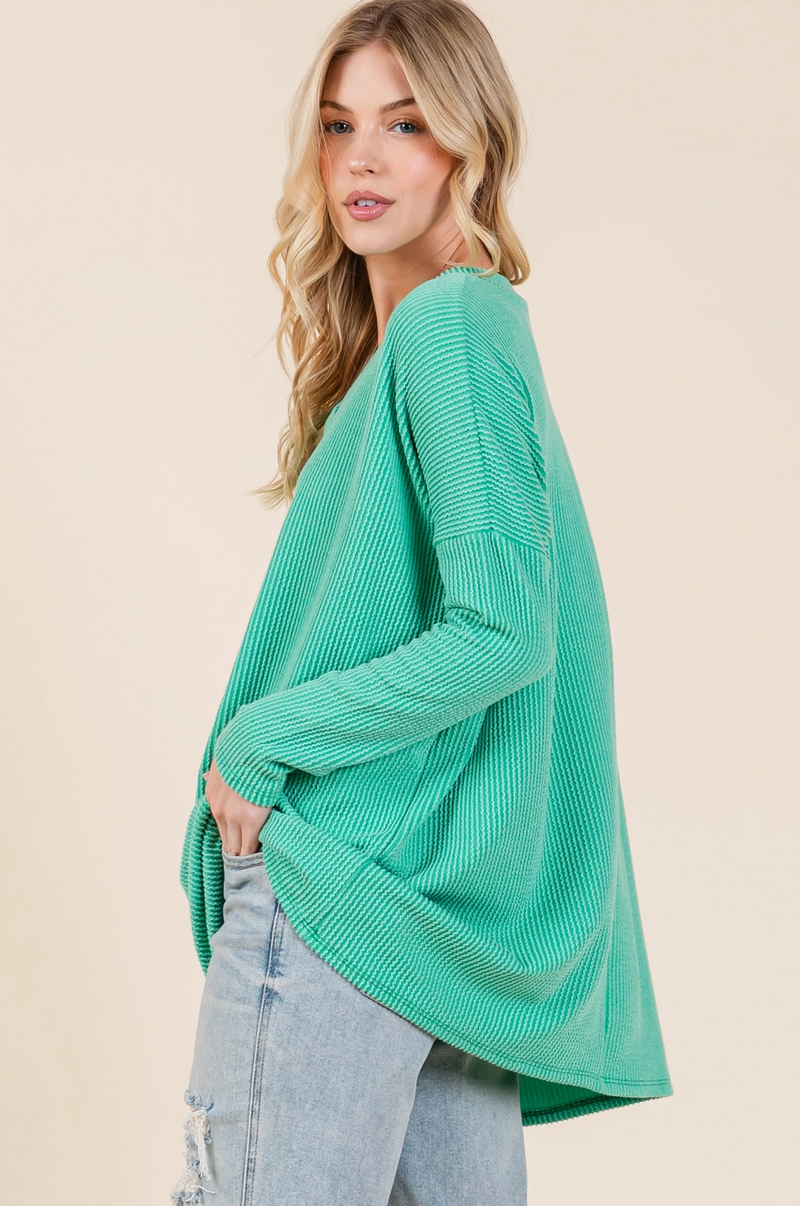 Oversized Ribbed Long Sleeve V Neck Top