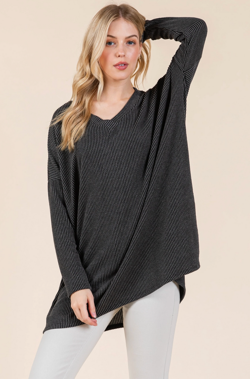 Oversized Ribbed Long Sleeve V Neck Top