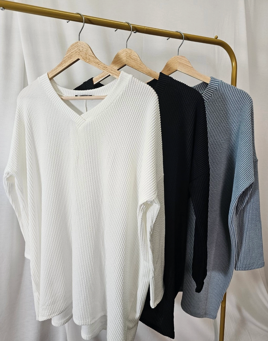 Oversized Ribbed Long Sleeve V Neck Top