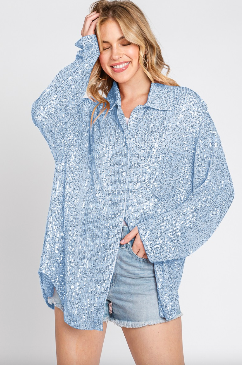 Blue Sequined Long Sleeve Top