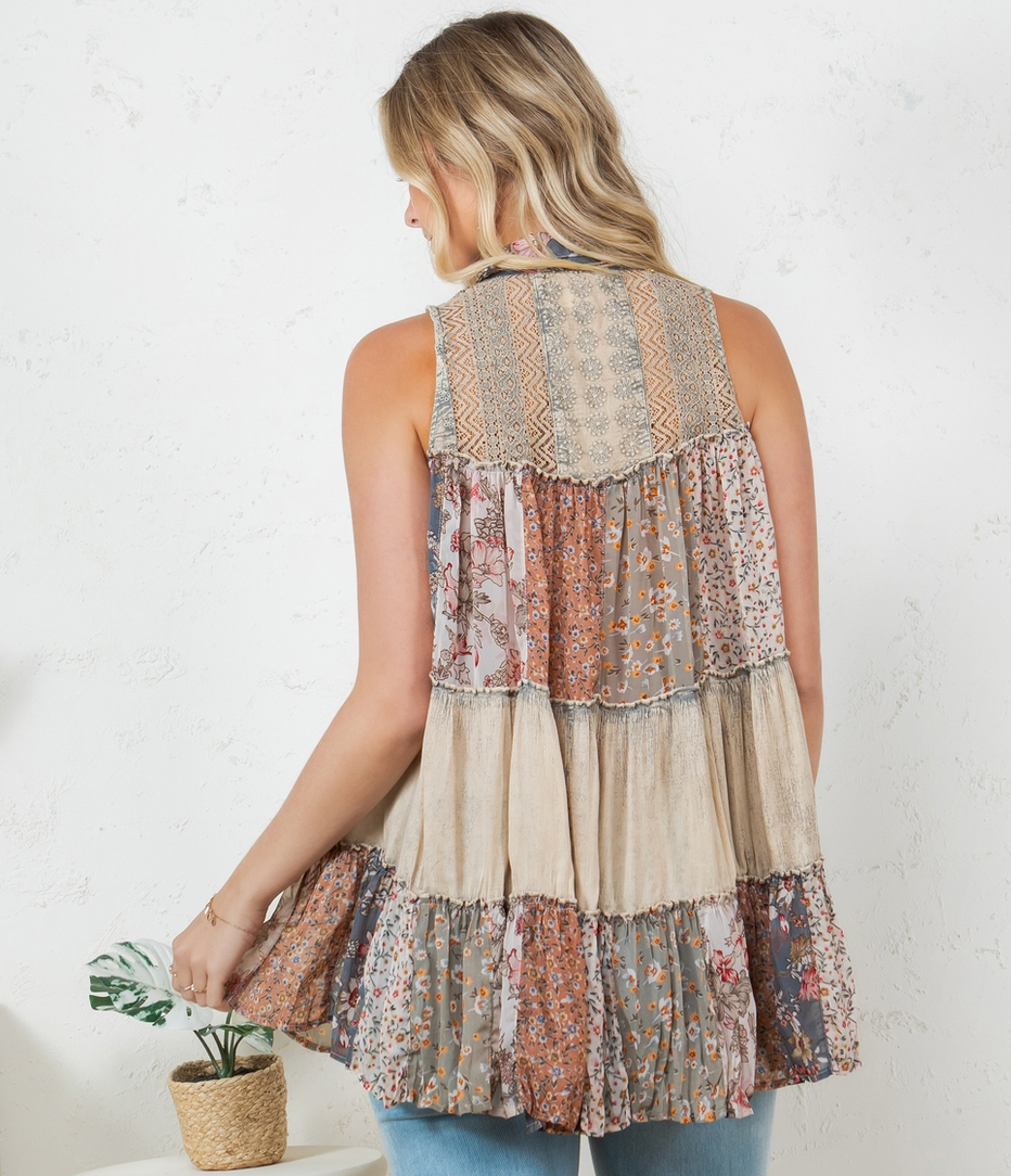 Boho Patchwork Button Front Sleeveless Top