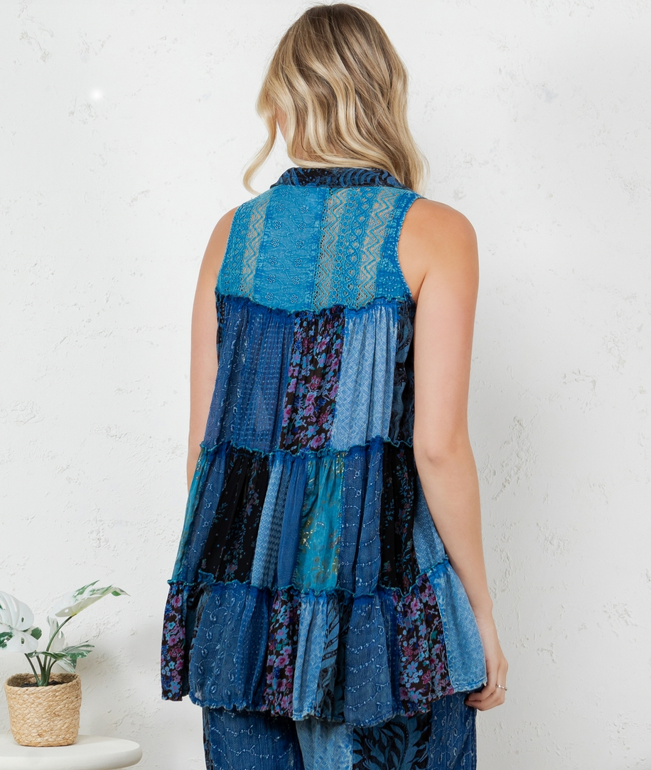 Boho Patchwork Button Front Sleeveless Top
