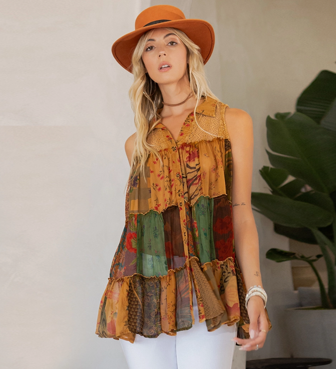 Boho Patchwork Button Front Sleeveless Top