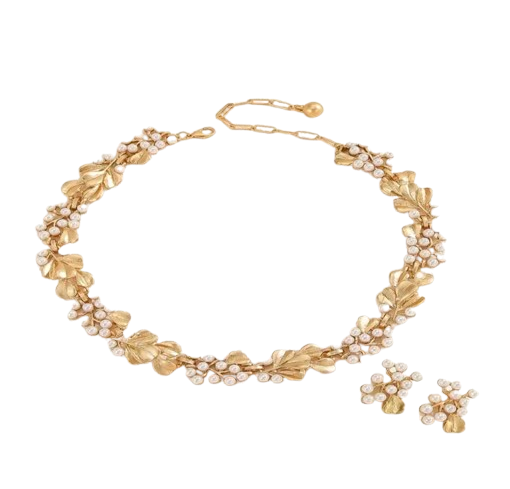 Goldtone and Pearl Necklace and Earring Set