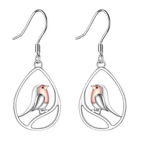 Silvery Oval Bird Earrings