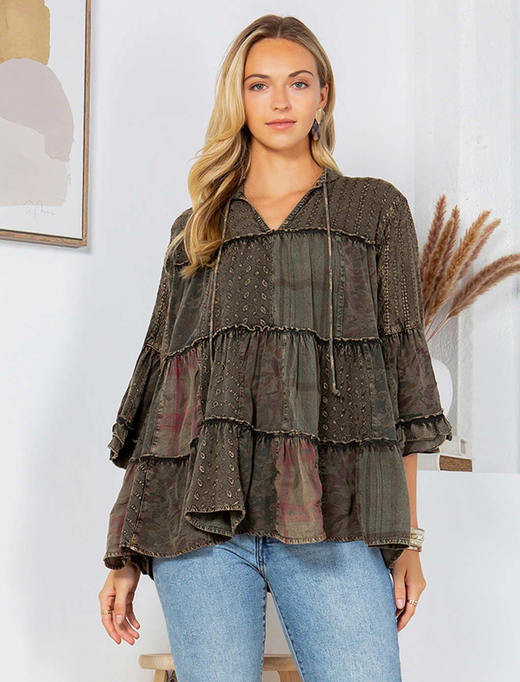 Overdyed Jhabla Patchwork 3/4 Sleeve Top