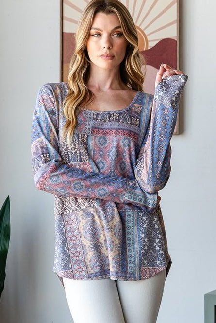 Long Sleeve Denim Patchwork Print Top