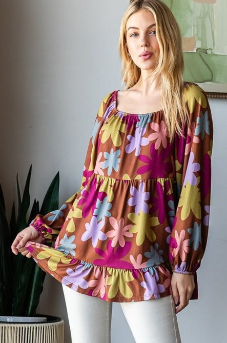 Fall Floral Long Sleeve Peasant Blouse