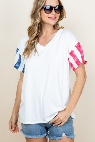 White top with patriotic sleeves