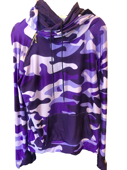 Purple Camo Whimsies brand hoodie