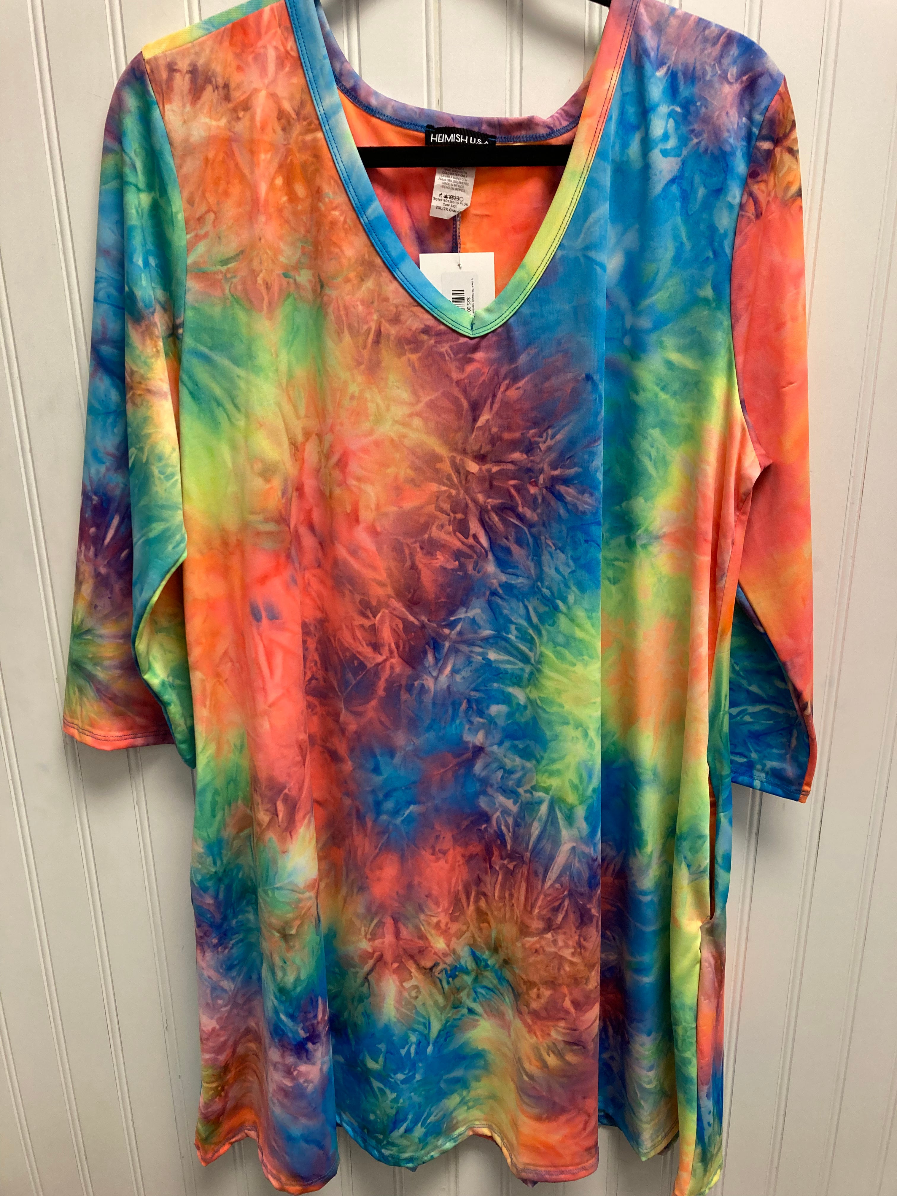 V Neck 3/4 Sleeve Rainbow Tie Dye Tunic/Dress