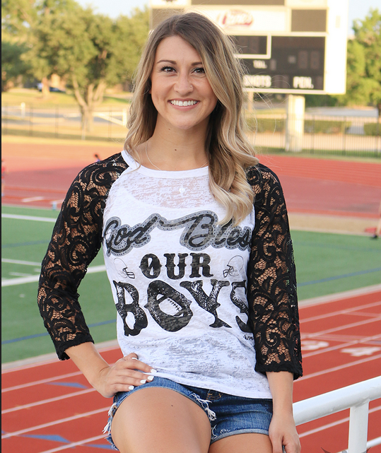 God Bless Our Boys Burnout tee with lace sleeves