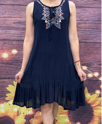 Navy blue dress w/embroidered tie front YMY5613