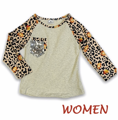 Cheetah and Pumpkin Print Sleeve Shirt w/ Sequined Chest Pocket