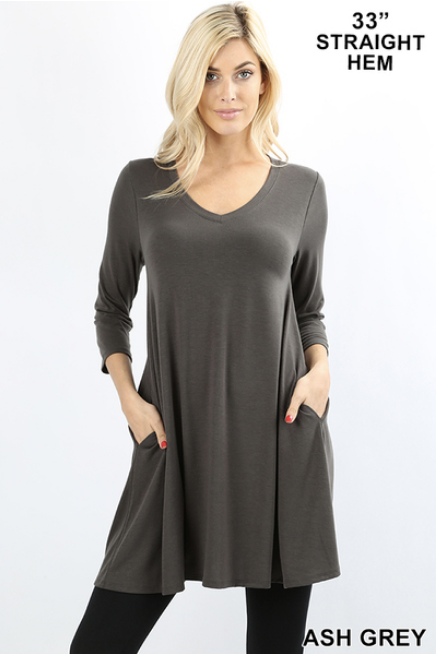 3/4 sleeve V neck tunic with pockets Sizes S-XL