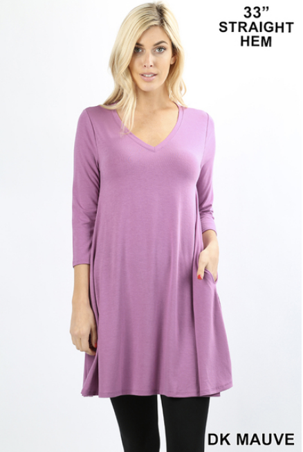 3/4 sleeve V neck tunic with pockets Sizes S-XL