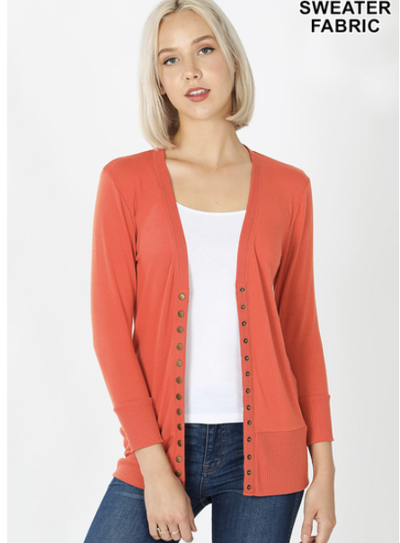 3/4 Sleeve Snap Front Cardigan S-XL