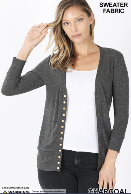 3/4 Sleeve Snap Front Cardigan S-XL