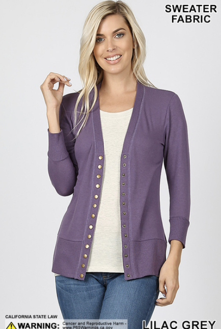 3/4 Sleeve Snap Front Cardigan S-XL