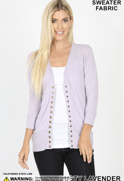 3/4 Sleeve Snap Front Cardigan S-XL