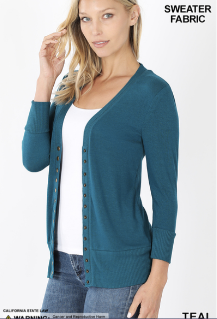 3/4 Sleeve Snap Front Cardigan S-XL