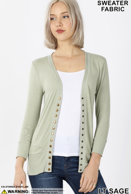 3/4 Sleeve Snap Front Cardigan S-XL