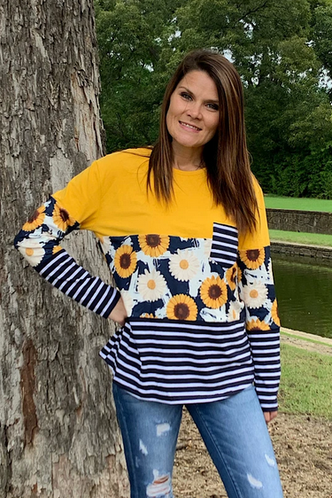Yellow and Navy Long Sleeve Top With Sunflowers