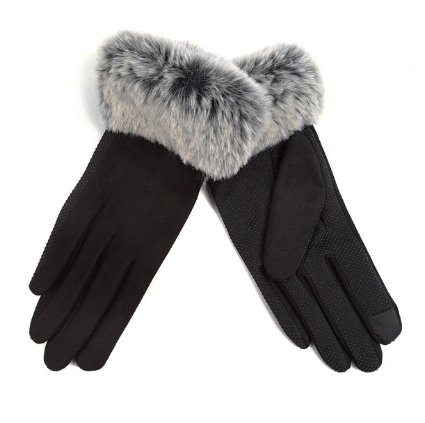 Black Vegan Suede Fur Cuff Gripper Touch Screen Gloves