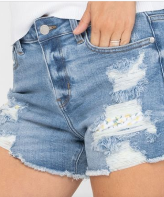 Judy Blue Lemon Patch Destroyed Jean Shorts