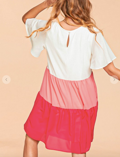 Color Block Lined Woven Tiered Short Sleeve Dress