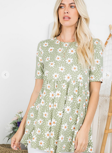 Short Sleeve Daisy Print Baby Doll Tunic