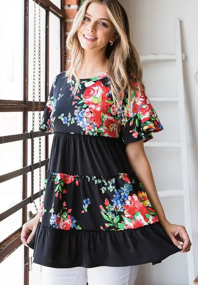 Black Floral Baby Doll Short Sleeve Top