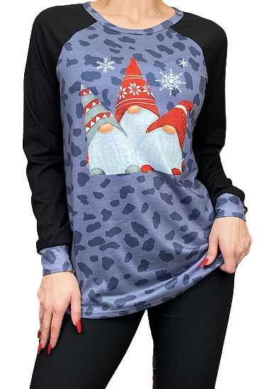 Gnomes on Leopard Print Long Sleeve Top