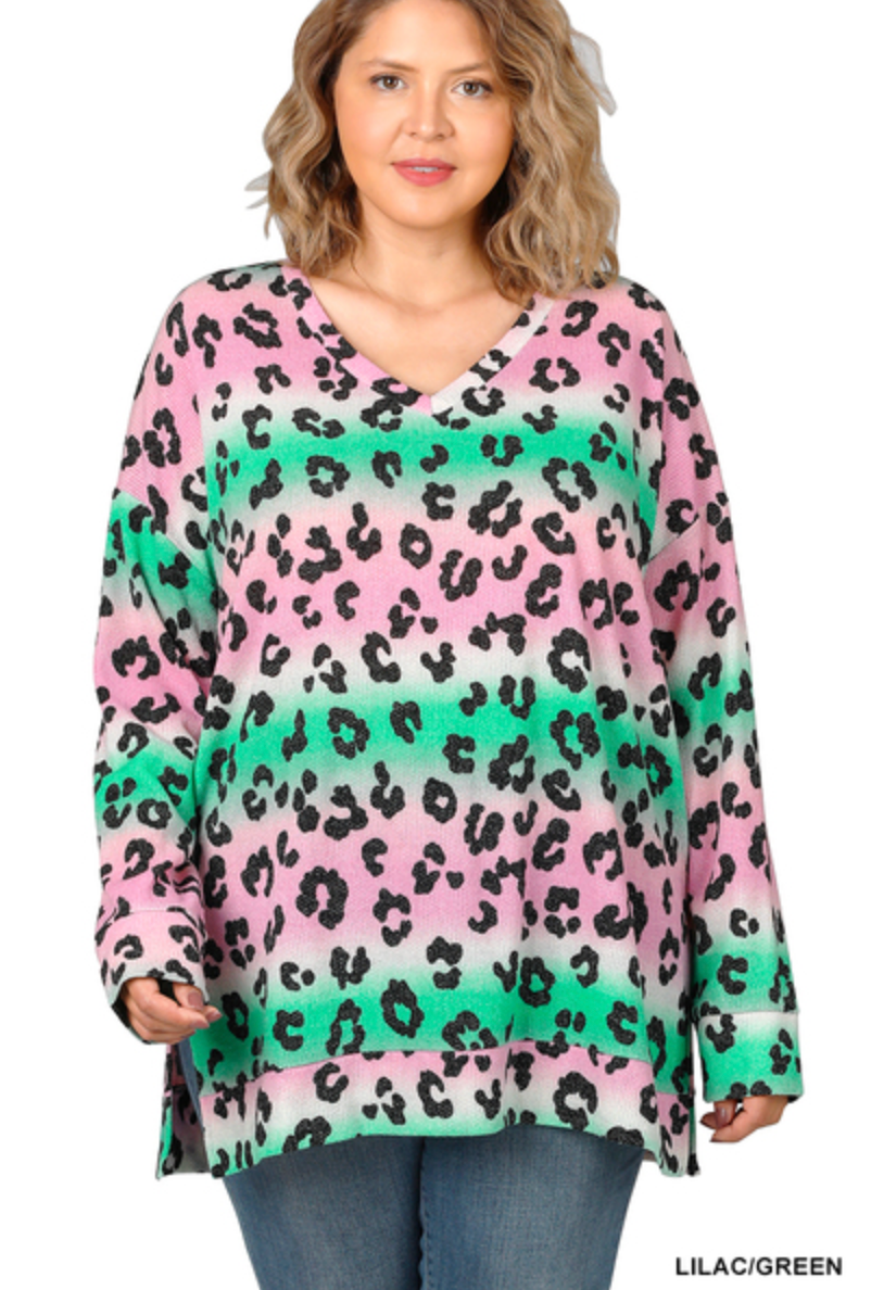 Jacquard Leopard Long Sleeve V-Neck Top