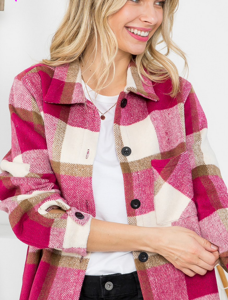 Fuzzy Plaid Button Front Shacket (3 colors)