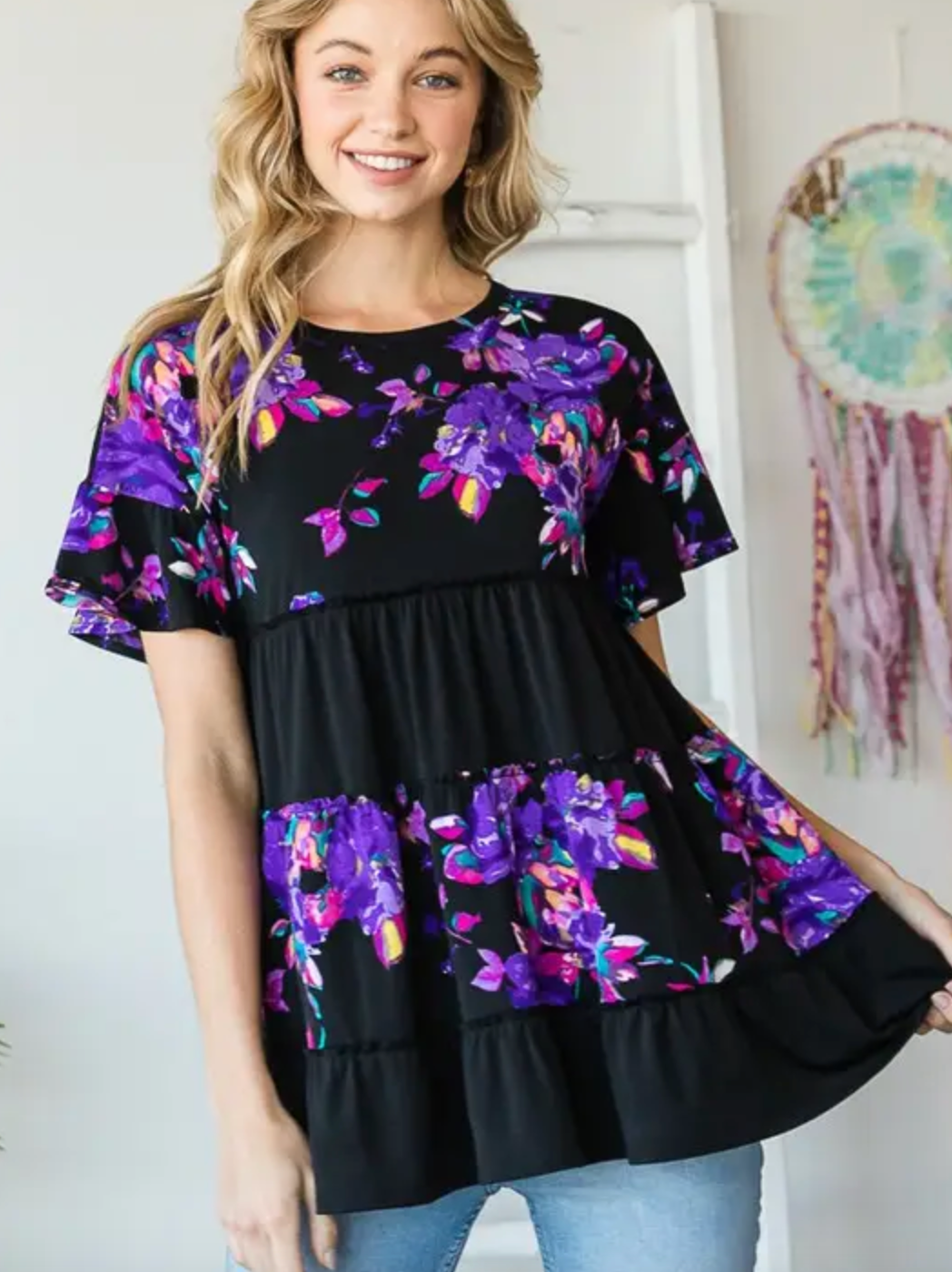 Floral/Solid Ruffled Short Sleeve Top