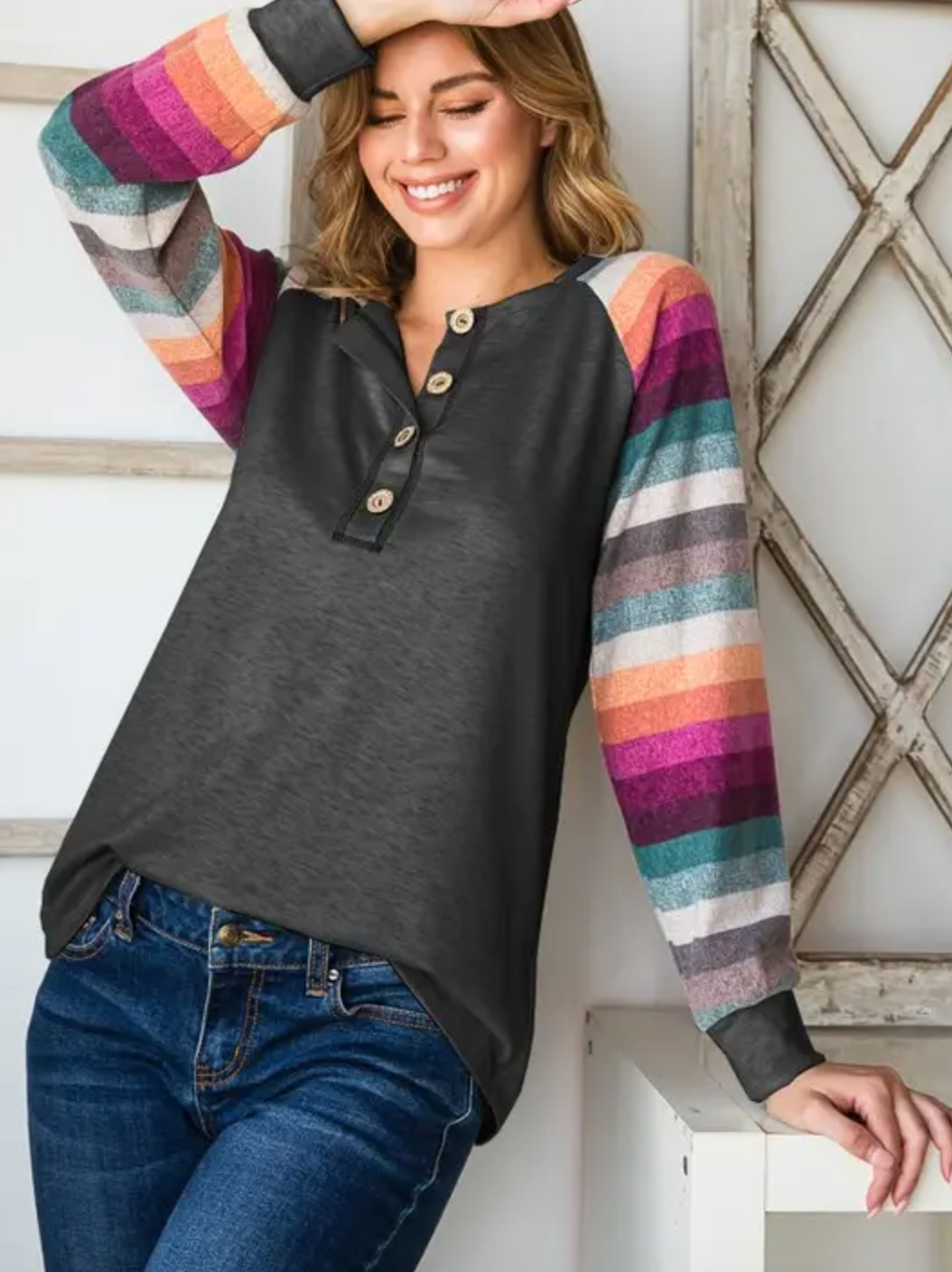 Charcoal Solid and Stripe Long Sleeve Top