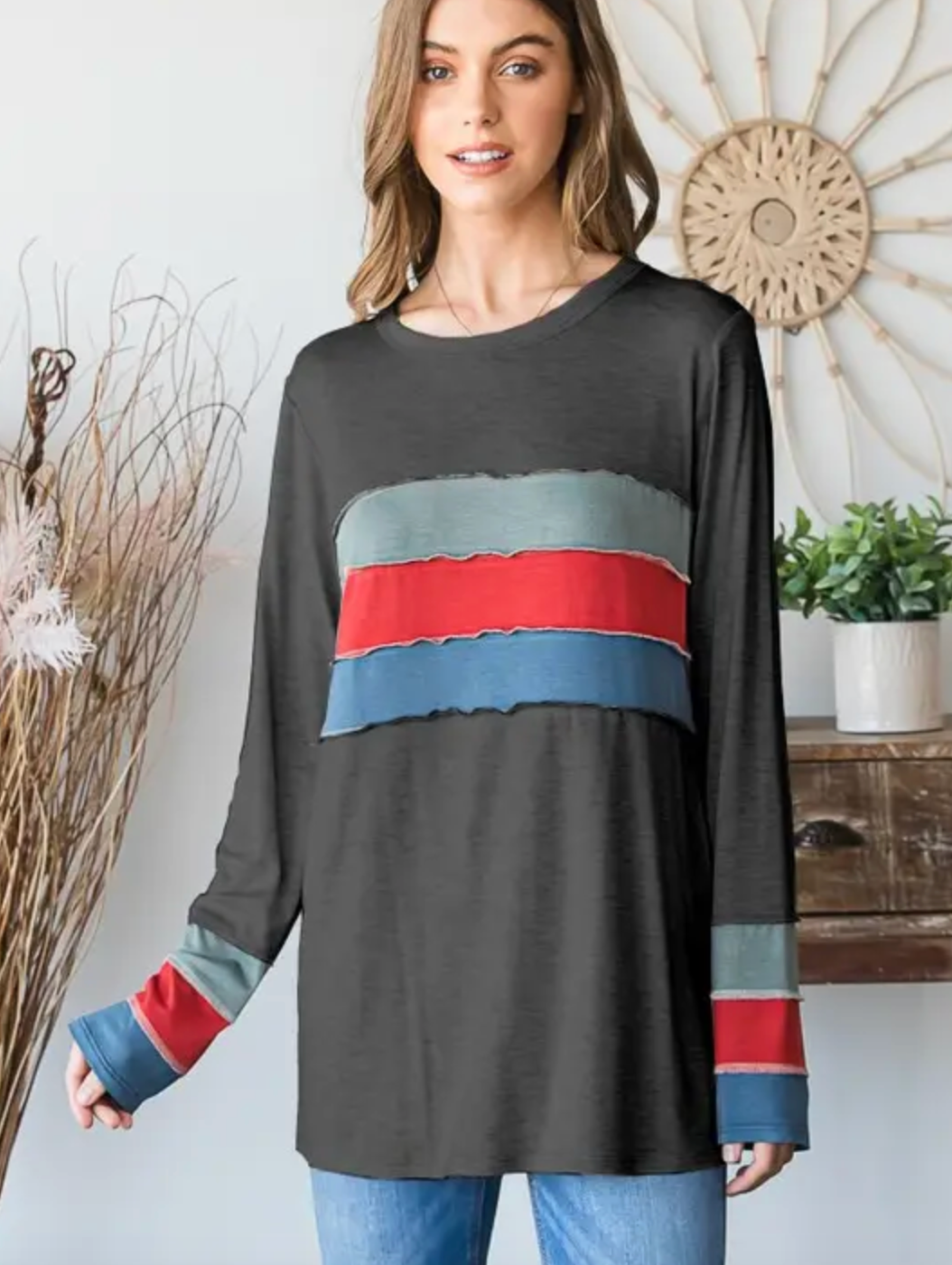 Charcoal Color Block Long Sleeve Top
