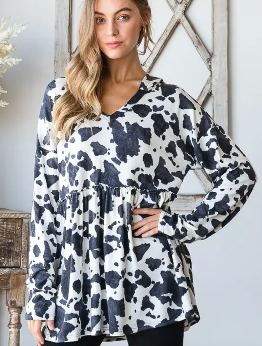 Cow Print Long Sleeve Babydoll Top With Hood