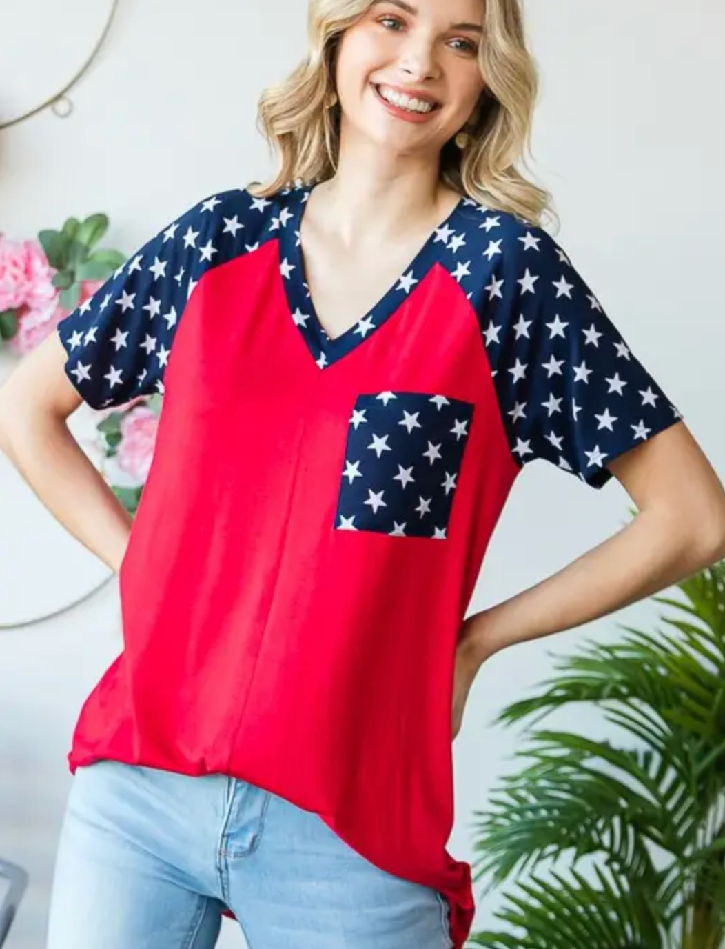 Red V Neck With Star Sleeves