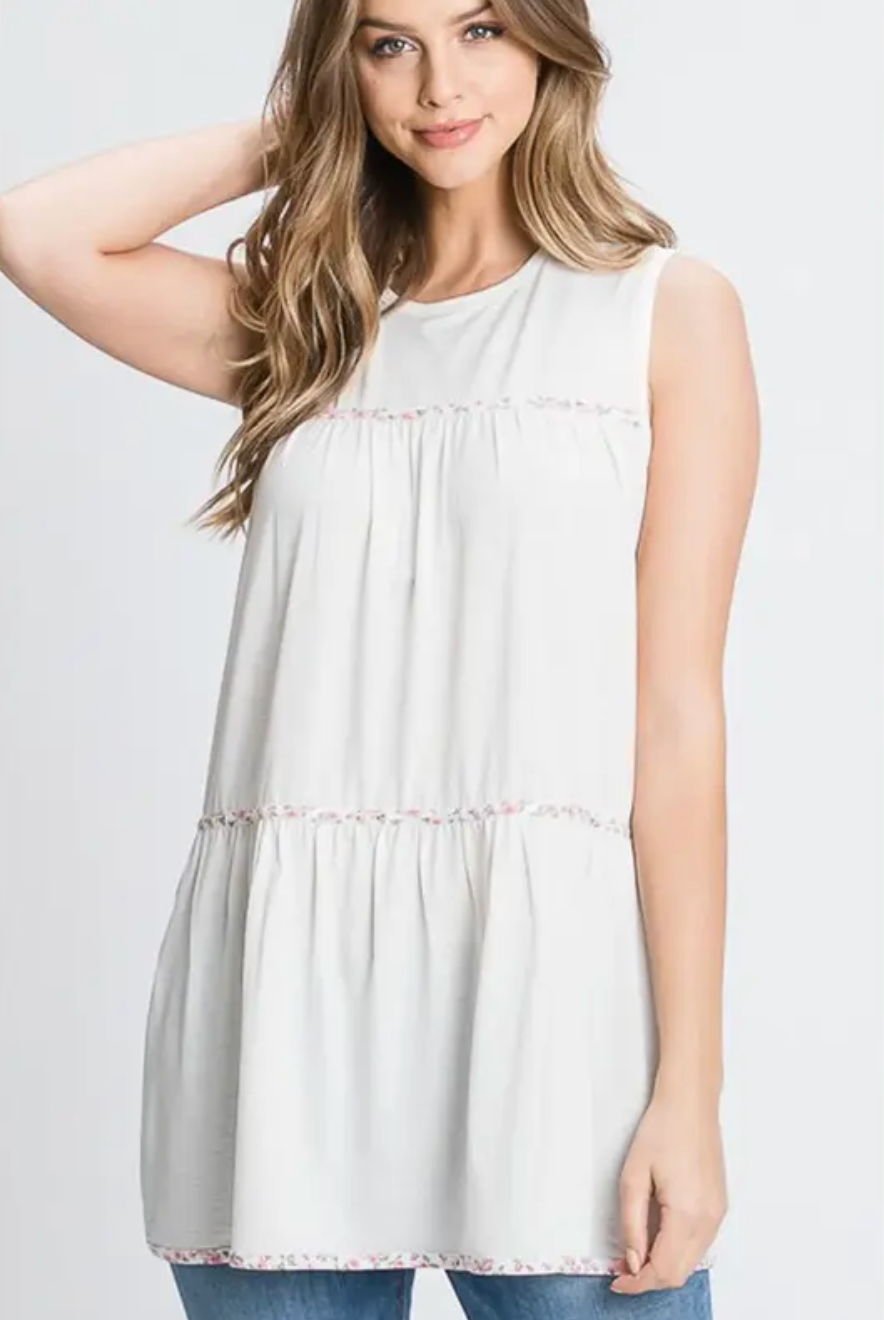 Sleeveless White Tank With Floral Detail
